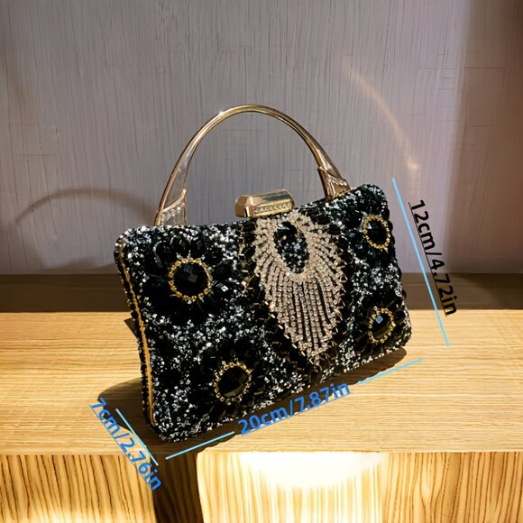 Retro Ladies' Black Evening Bag with Rhinestones Clutch - Picture 5 of 7